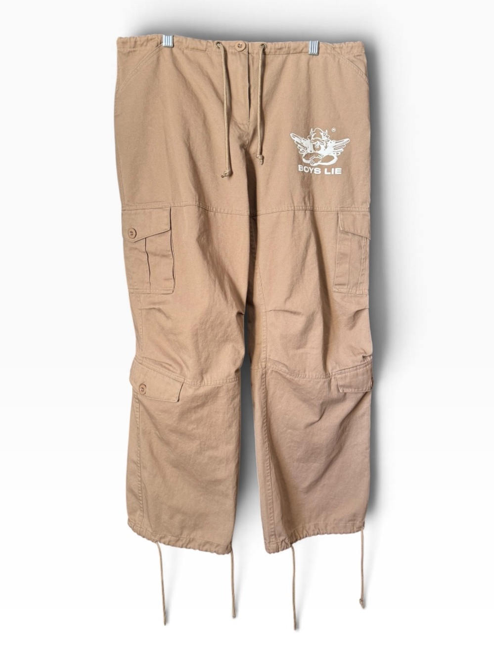Boys Lie Hits Different Brown Tan Cargo Pants Y2K Baggy Wide Leg Medium M
